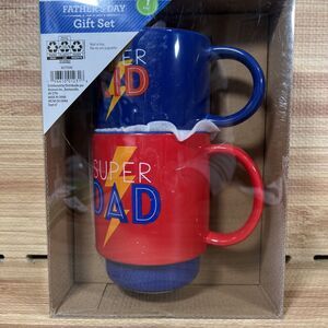 Stackable Dad Kid Ceramic Mug Gift Set Blue Red NIB